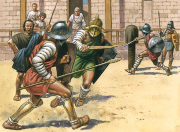 Entrenamiento de gladiadores con armas de madera
